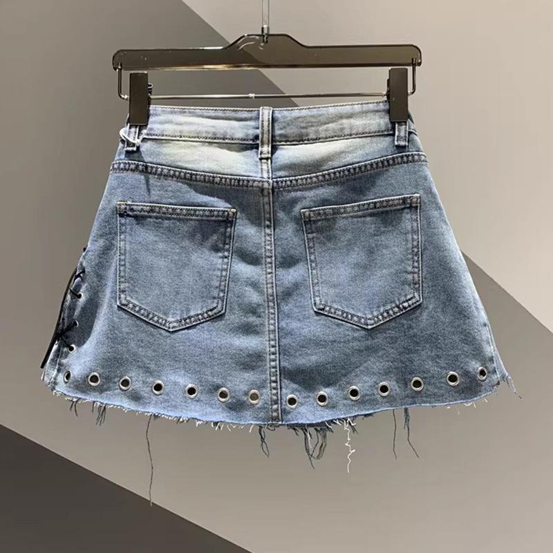 Personalized Spice Girl Skinny Tooling Denim Skirt Summer New Fashion Versatile Sweet Cool A-word Pleated Skirt