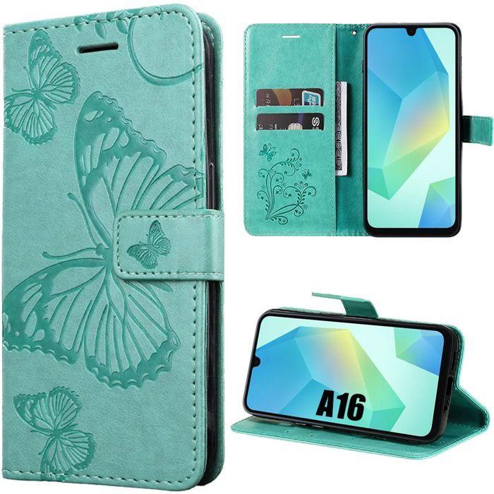 Protective Case - BOOLING - for Samsung Galaxy A16 4G/5G - Green Synthetic Leather - Butterfly Pattern - Shockproof