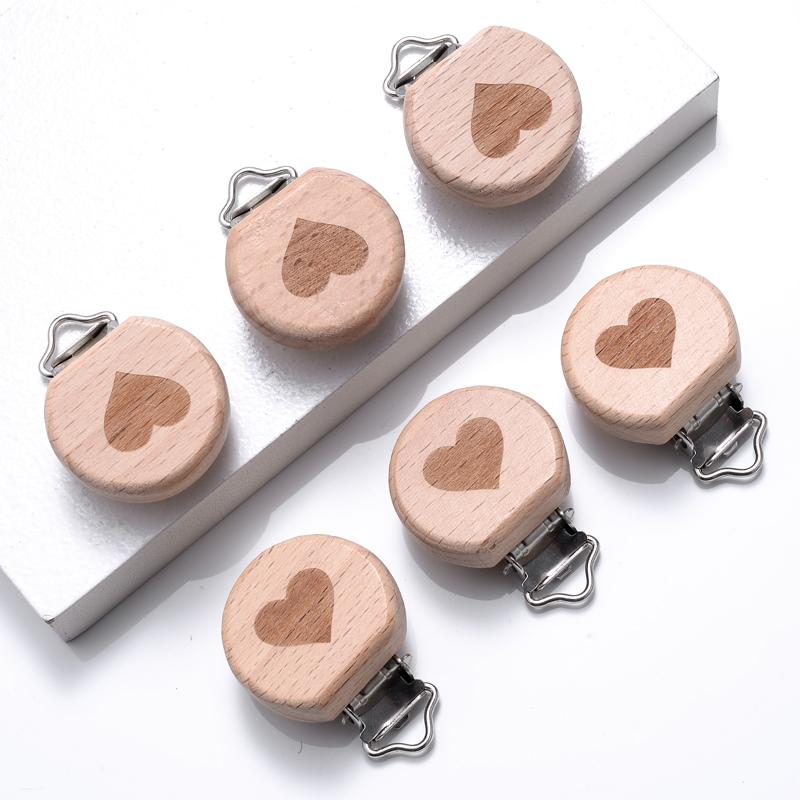 5Pcs/Lot Food Grade Beech Wooden Pacifier Clip Heart Animal Rainbow Pattern Dummy Holder Clip for DIY Teething Pacifier Chain