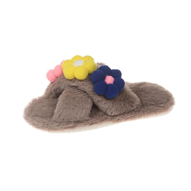 

Новые милые зимние меховые тапочки для девочек, элегантные детские тапочки с цветочным принтом, теплые домашние тапочки для принцесс, модная мягкая универсальная детская повседневная обувь 30-31 хаки