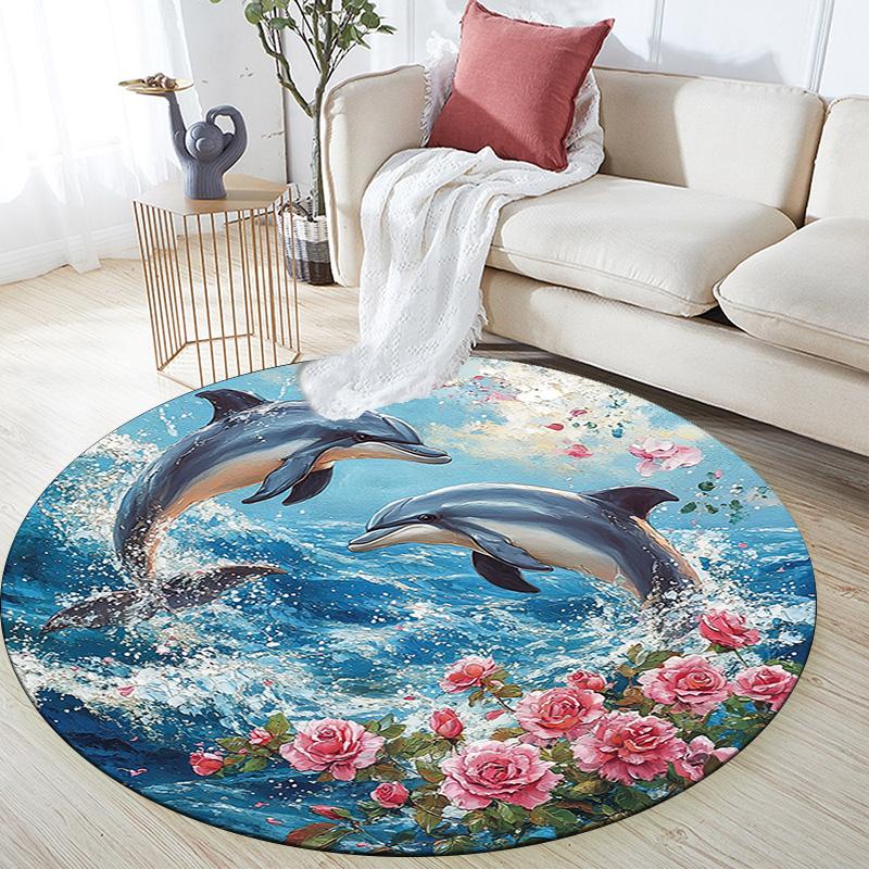 Dolphins Round Area Rug,Carpet Rug for Living Room Bedroom Sofa Playroom Decor,Non-slip Floor Mat