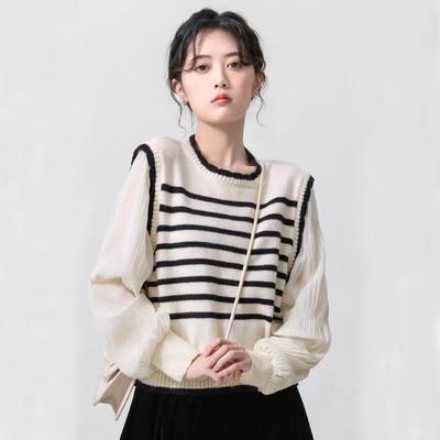 Pull tricoté français pour femmes au printemps et en automne, nouvelle chemise de couleur contrastée en patchwork doux, haut de pull rayé