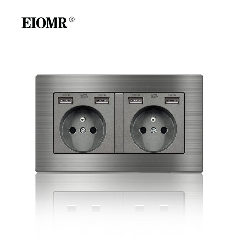 EIOMR France Standard Electrical Socket Grey Aluminum Alloy Panel Light Switch Rj45 Tv 220V 16A Wall Outlets for Home Appliance
