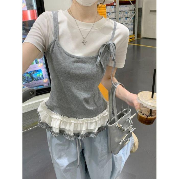 Morning Bloom Patchwork Ruffle Hem Short-Sleeve T-Shirt for Women