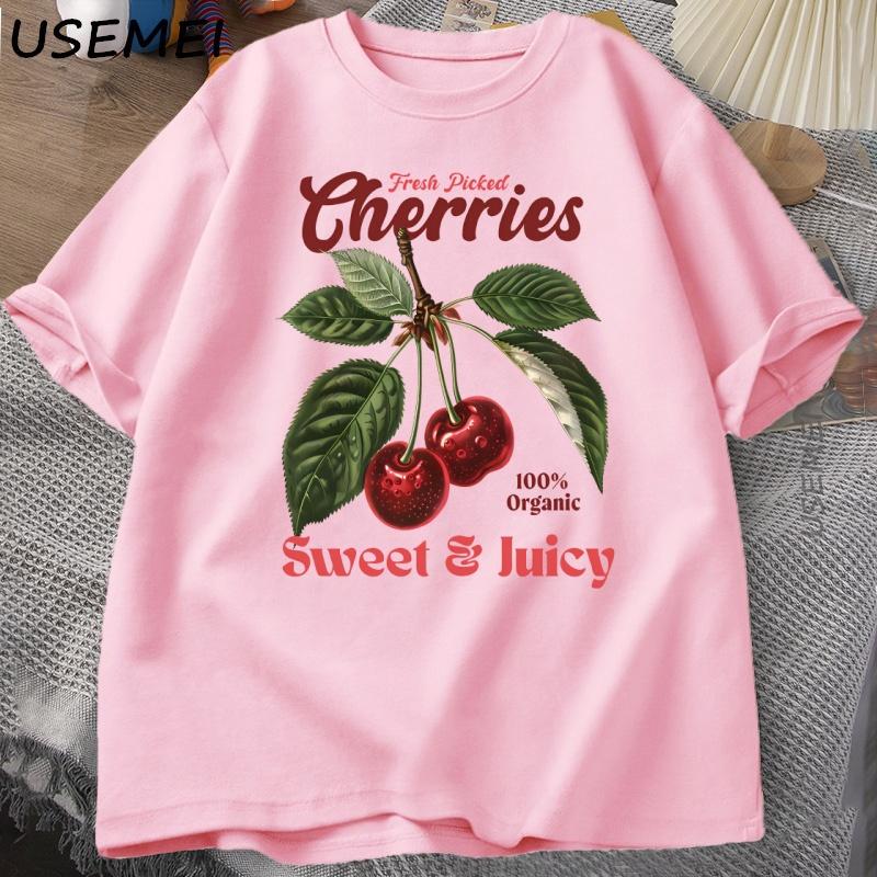 Retro Cherries TShirt Women Unisex Cherry TShirts Cotton Y2k Style T Shirt Summer Short Sleeve Round Neck Tees Unisexs Clothing