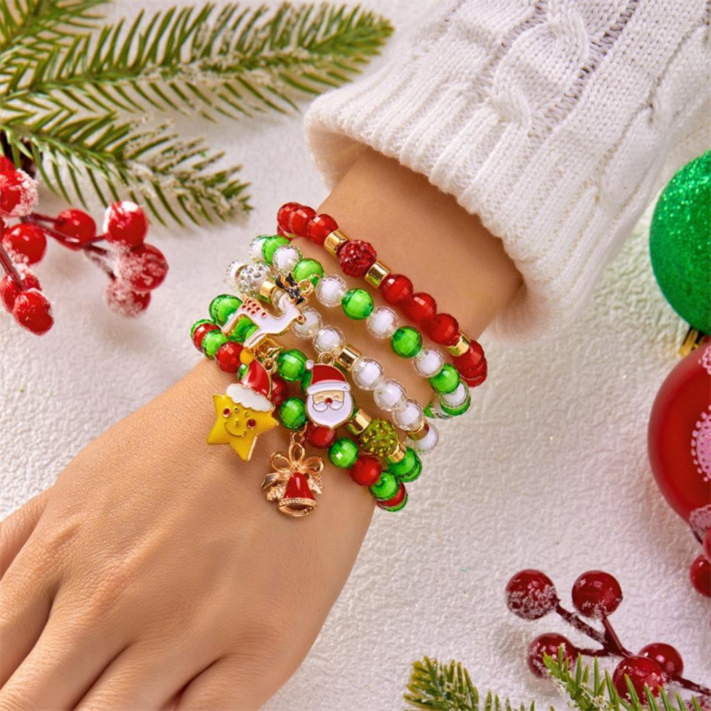 Christmas Crutch Star Santa Claus Deer Bell Snowflake Snowman Wreath Crystal Soft Clay Rice Beads Bracelet For Women Men Jewelry