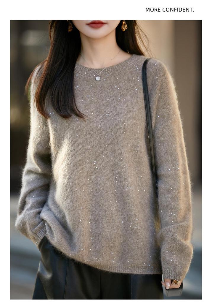 Red Sequined Double-Strand Brushed Wool Sweater - Autumn/Winter Korean Style, Soft Knitwear for Women