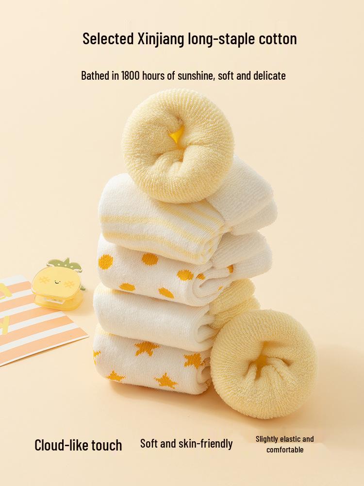 25 Newborn Baby Autumn/Winter Class A Fleece-Lined Cotton Socks - Loose Cuff, Non-Binding Foot Floor Design