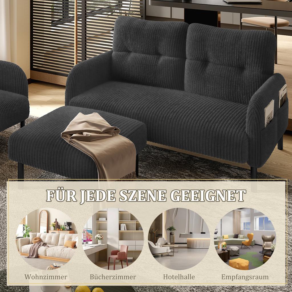 Corduroy 3-Piece Set Armchair + Stool + 2-Seater Sofa with Side Pocket Steel Frame & Backrest Deep Seat Modularly for Living Room, Grey