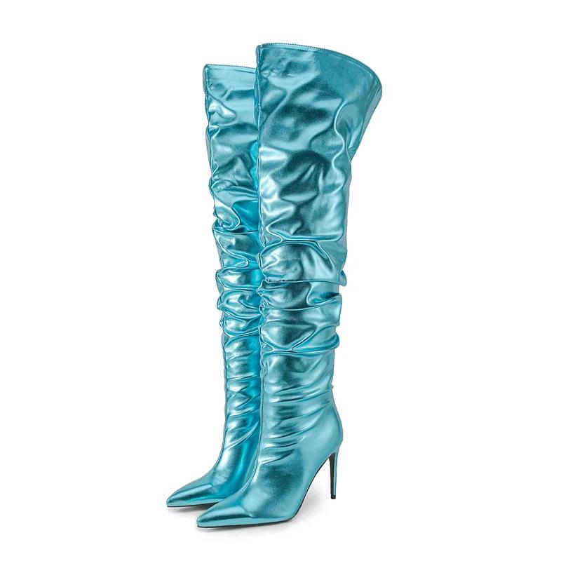 Fashion Sexy Solid Color Pleated Lazy Style Over The Knee Boots Autumn Winter Fashion Black Silver High-heel Women Long Boots Size 34-45