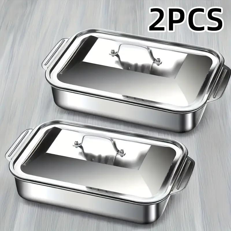 

2 Stainless Steel Grilled Fish Dishes With Lids - Thick Non Stick Square Baking Tray Suitable For Grilling And Seafood - Perfect