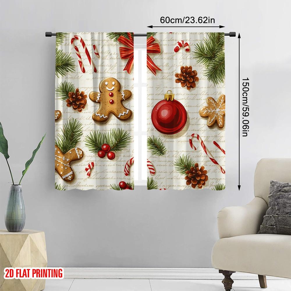 2pcs,2D Plane Printing Light Filtering Curtains Christmas Baubles Gingerbread Holiday Festive 100% Polyester (without Rod)