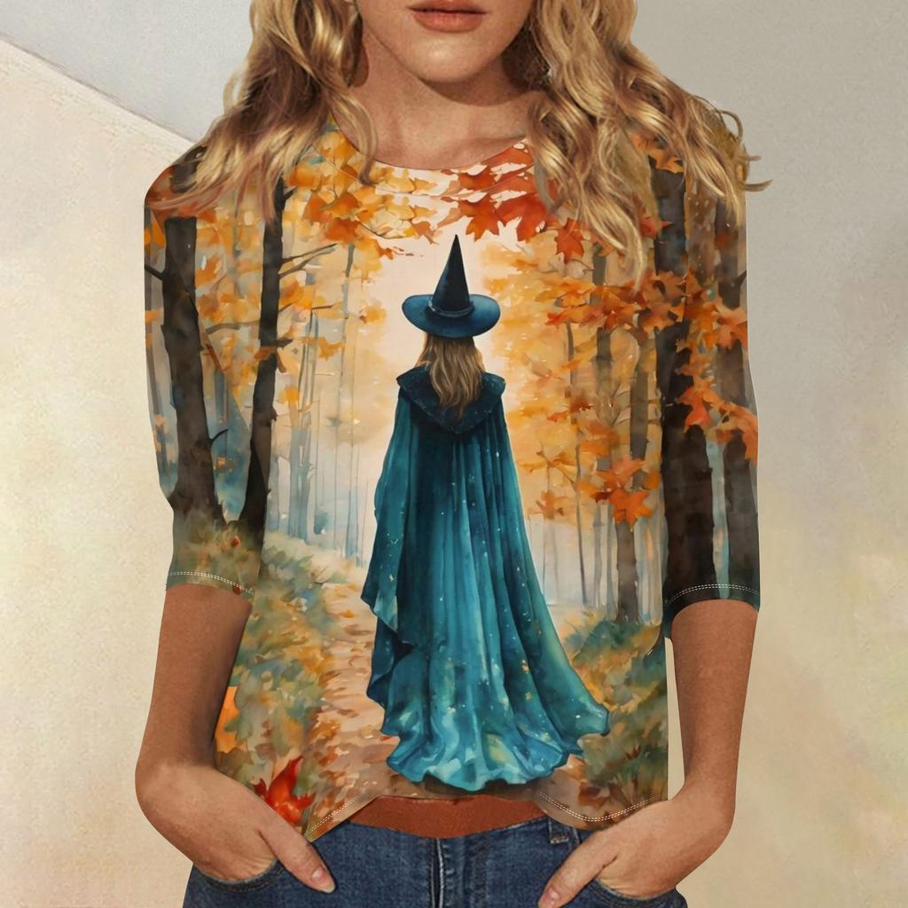 Women's Fashion Casual 3/4 Sleeve Halloween Print Neck Blouse
