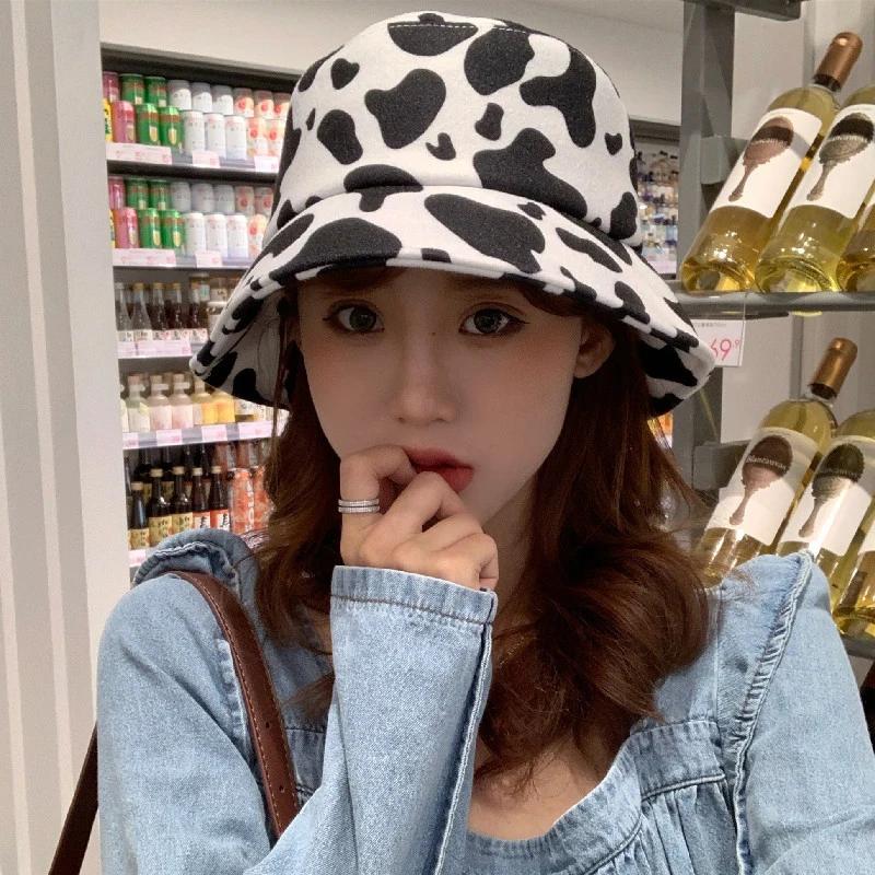 New Women Woolen Bucket Caps Trendy Cow Pattern Outdoor Travel Sun Hat Protection Fisherman Cap Fashion Shading Panama Hats