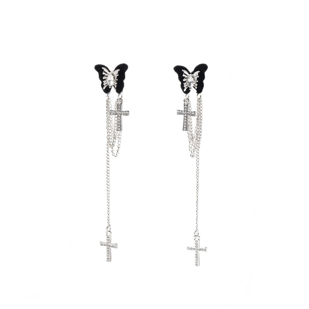 Sweet Cool Black Earrings Cross Butterfly Tassel Geometric Earrings Women'S Light Luxury Niche Temperament Stud Earrings