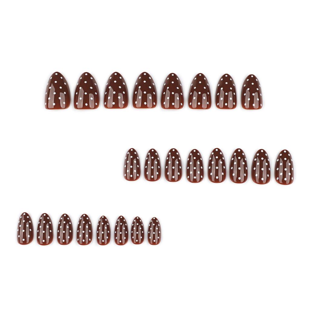 Brown Autumn/Winter White Polka Dot Almond-Shape Wearable Nails - Hot Selling Nail Art Tips