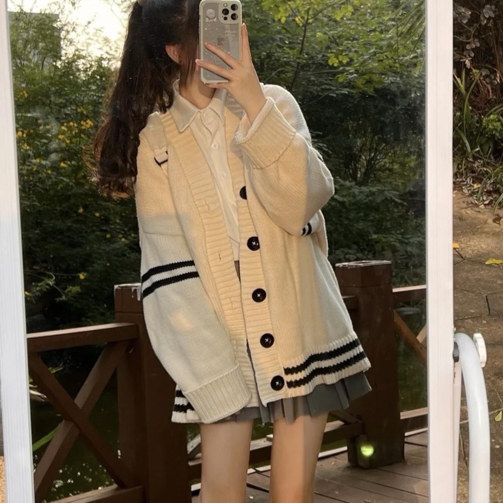 

Модный универсальный кардиган в студенческом стиле, женский осенне-зимний вязаный жакет с V-образным вырезом и контрастными полосками, свободного большого размера 48-51 (average size) белый