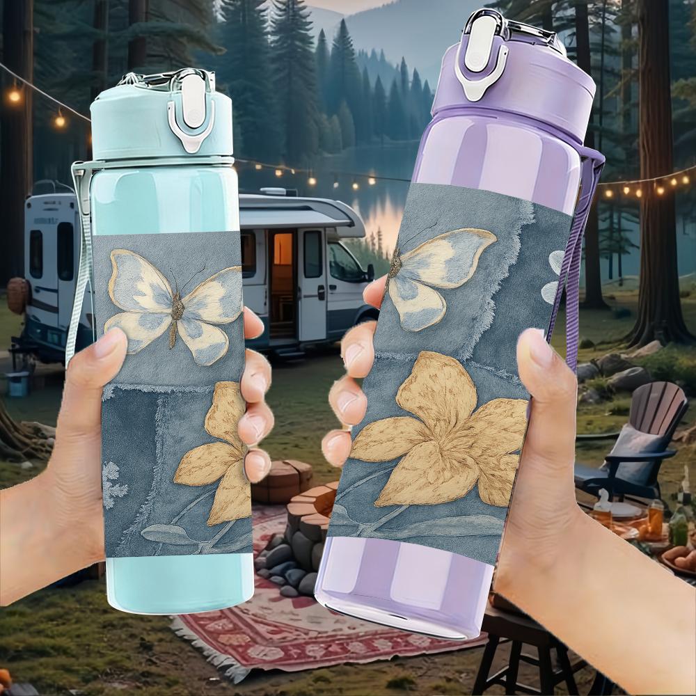 1PC Blue Floral Butterfly Group 750ml Color Plastic Sports Water Bottle Leakproof Flip Straw Lid For Sports Office Home Use