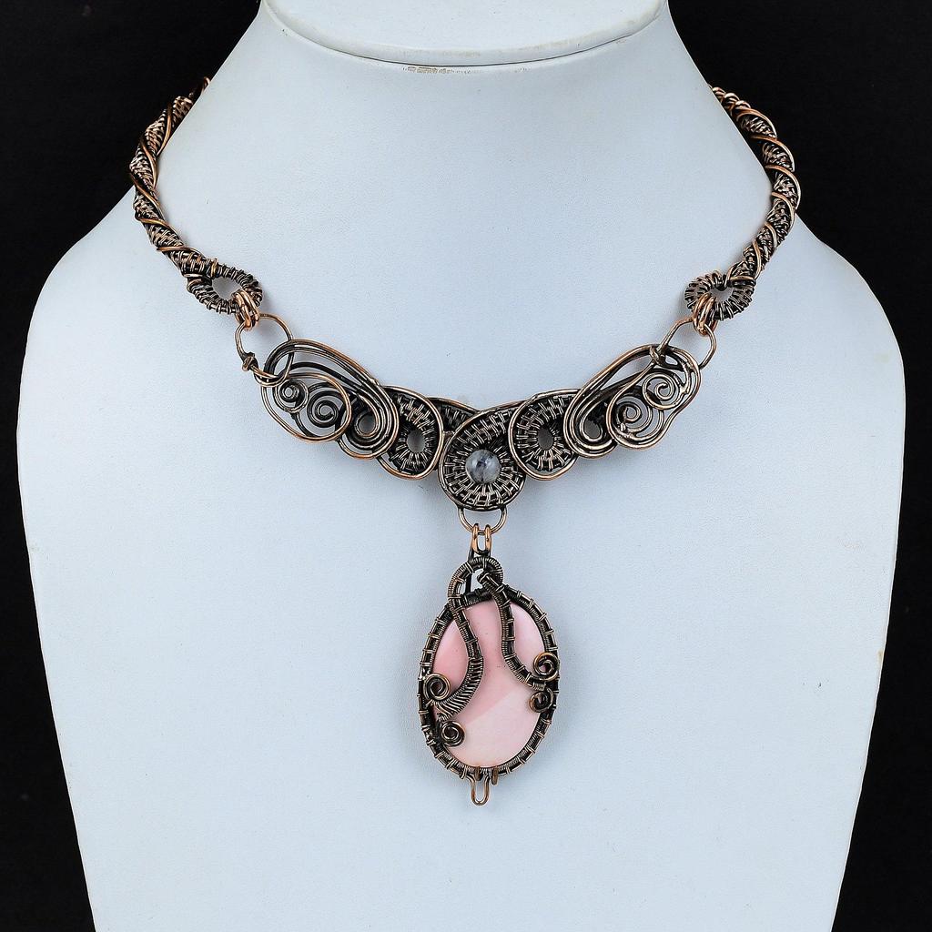 Pink Opal Necklace Copper Wire Wrapped Gemstone Necklace Rainbow Moonstone Necklace Handmade Necklace Copper Wire Jewelry Anniversary Gifts