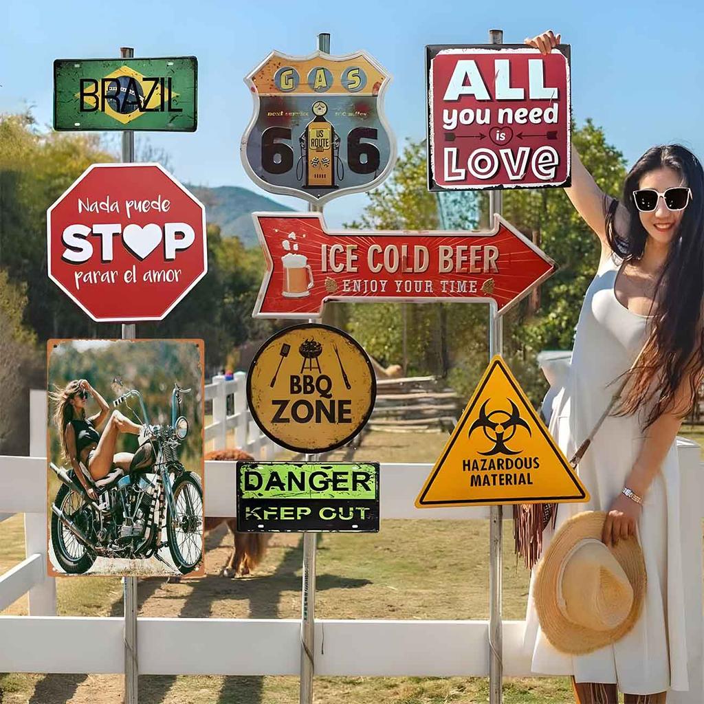 Sporty Girl in Gear Leaning on Her Bike Vintage Metal Wall Sign Decor