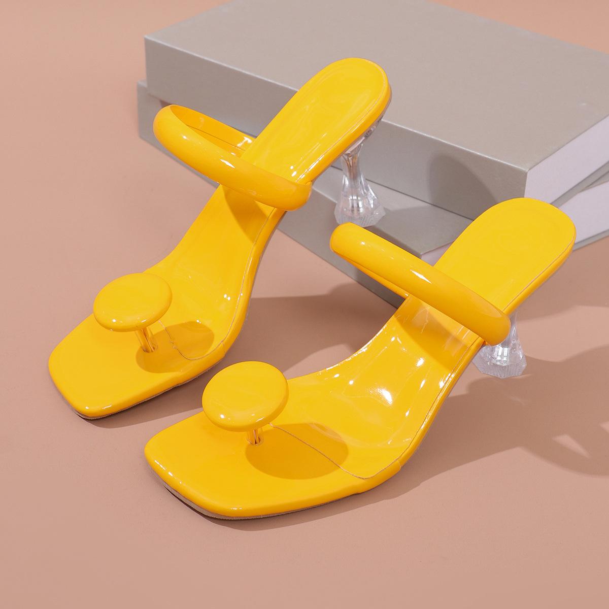 

Популярные женские тапочки на высоком каблуке 8 см, лето 2024, популярная обувь с защипнутым носком для женщин, уличные однотонные женские сандалии с квадратным носком 37 жёлтый