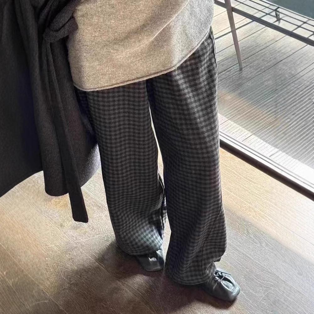 Korean Style High-Waisted Plaid Wool Wide-Leg Pants for Women - Autumn/Winter Trend