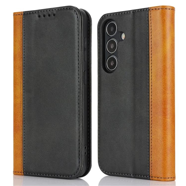 

Для Samsung Galaxy S24 кожаный чехол-кошелек с цветным покрытием из телячьей кожи - черный+желтый