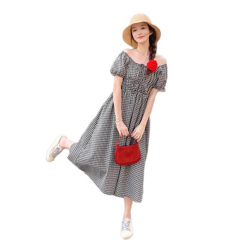 French black bubble sleeve plaid dress children's summer 2026 new small temperament slim dress