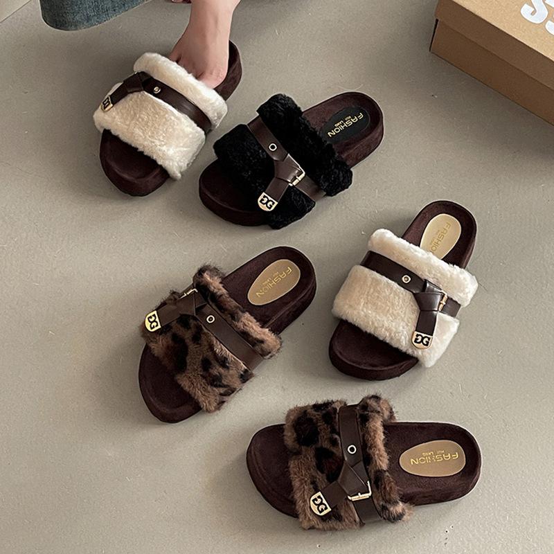 Retro design one-word belt buckle Mao Mao slippers women's autumn and winter fashion versatile belt buckle casual cotton slippers