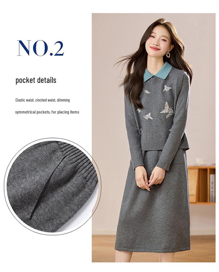 Damski dzianinowy zestaw dwuczęściowy: Kamizelka z okrągłym dekoltem i kardigan o średniej długości z długim rękawem Sukienka wełniana