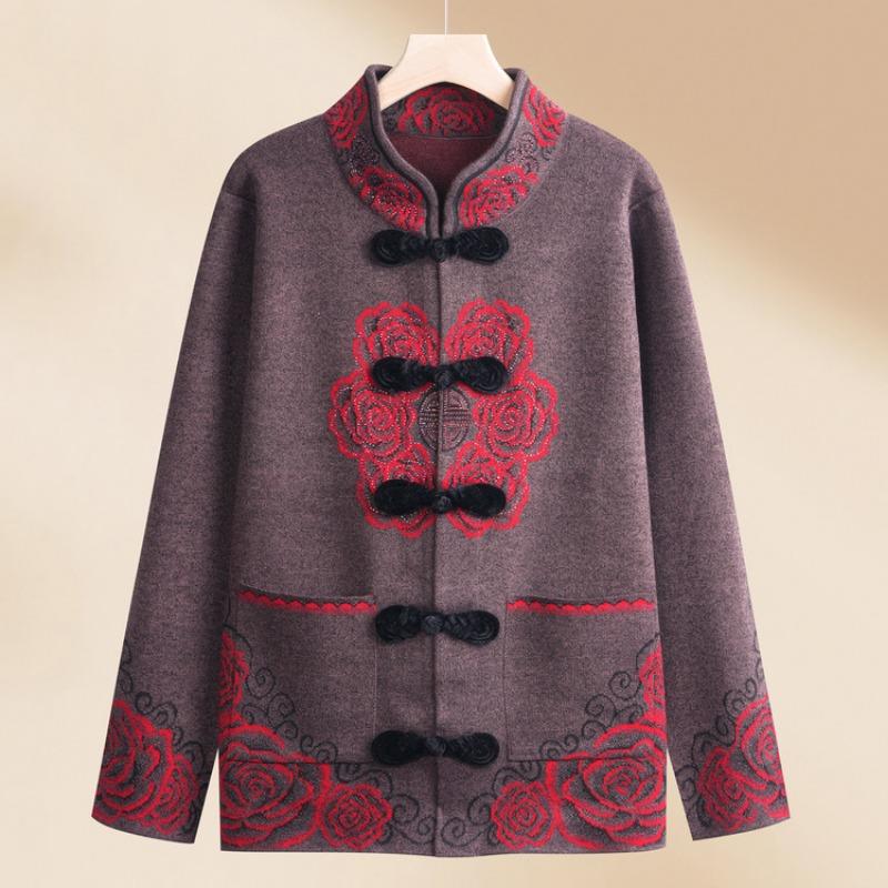 Middle Aged Woman Grandma Spring Coat Old Lady Autumn and Winter Natal Year Mother Dress Red Sweater Piled and Thickened