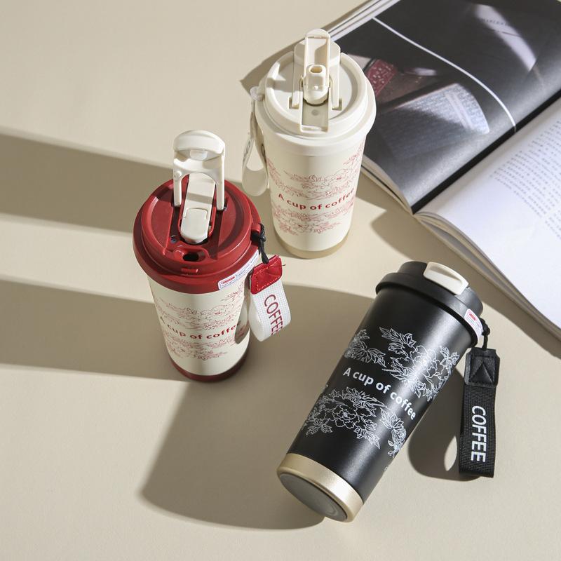 Stainless Steel Lily of Valley Thermal Mug Office Water Bottle Tea Coffee Cup Double Drink Straw Water Bottle Reusable Travel