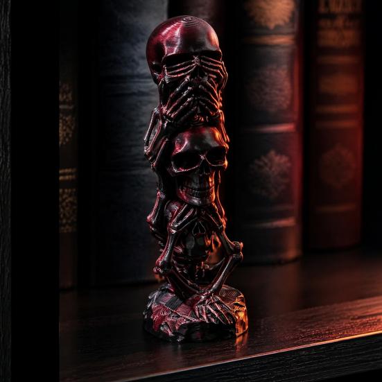 Creative Resin Crafts 3D Printed Triple Skull Statue, Halloween Horror Hear No Evil See Office Desk Accessories Speak Figurine, Decor for
