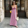 New Style Fresh Beach-style Long Dress with Deep V-neck and Striped Halter-neck Backless Design