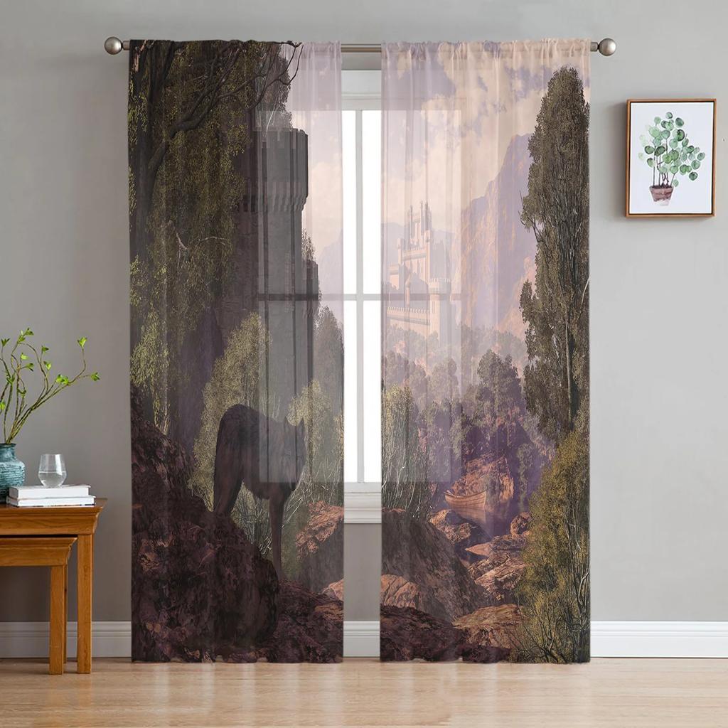 Luxury Fairy Tale Princess Pink Castle Radial Tulle Curtain Bedroom Window Cafe Hotel Decor Living Room Drape Curtains Light Filtering Polyester Area