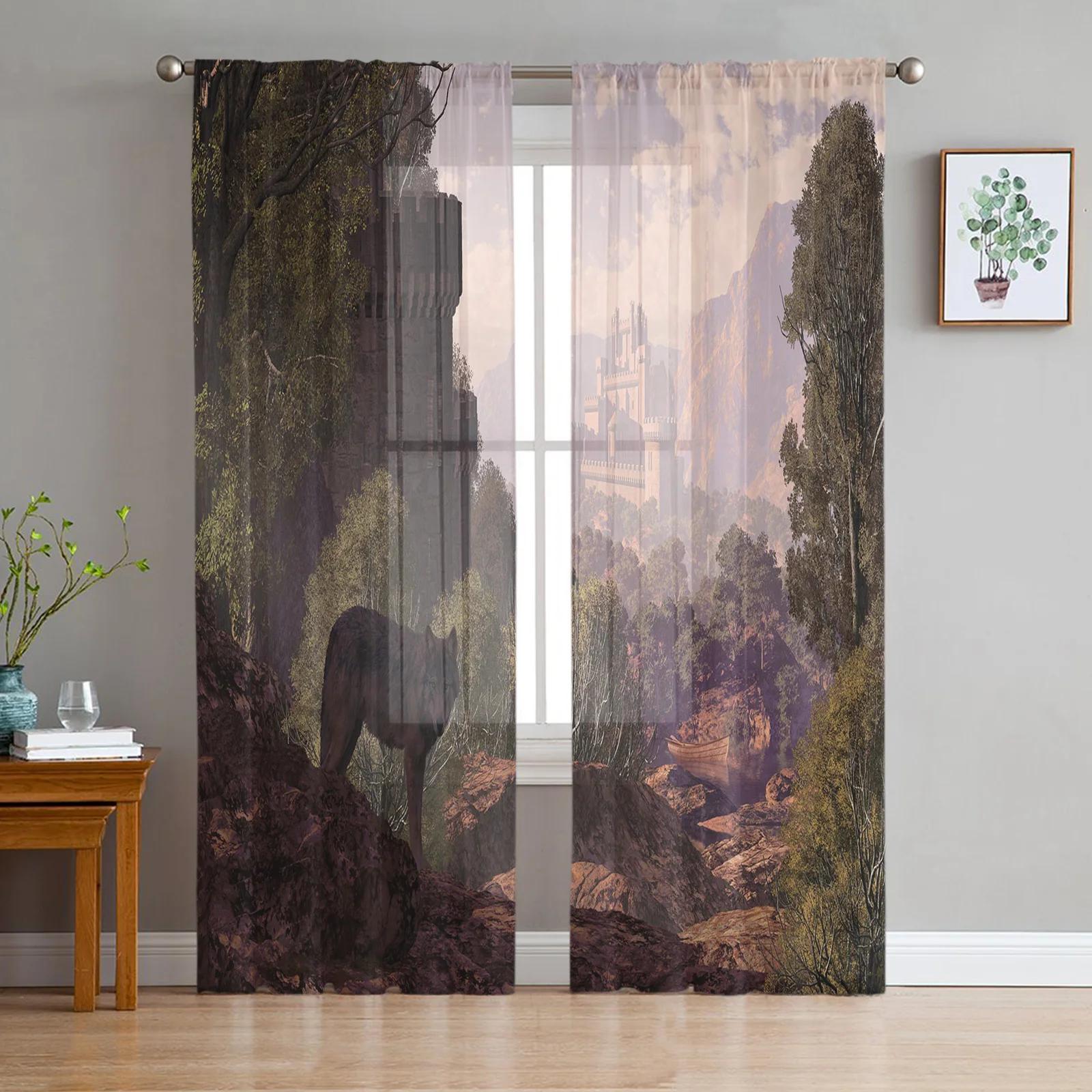 

Luxury Fairy Tale Princess Pink Castle Radial Tulle Curtain Bedroom Window Cafe Hotel Decor Living Room Drape Curtains Light Filtering Polyester Area W100*H130(CM)-Rod Pocket&2PCS