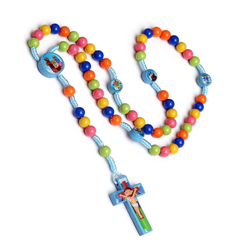 Colorful Beaded Children's Cross Necklace - Handmade Acrylic Rosary for Baptism