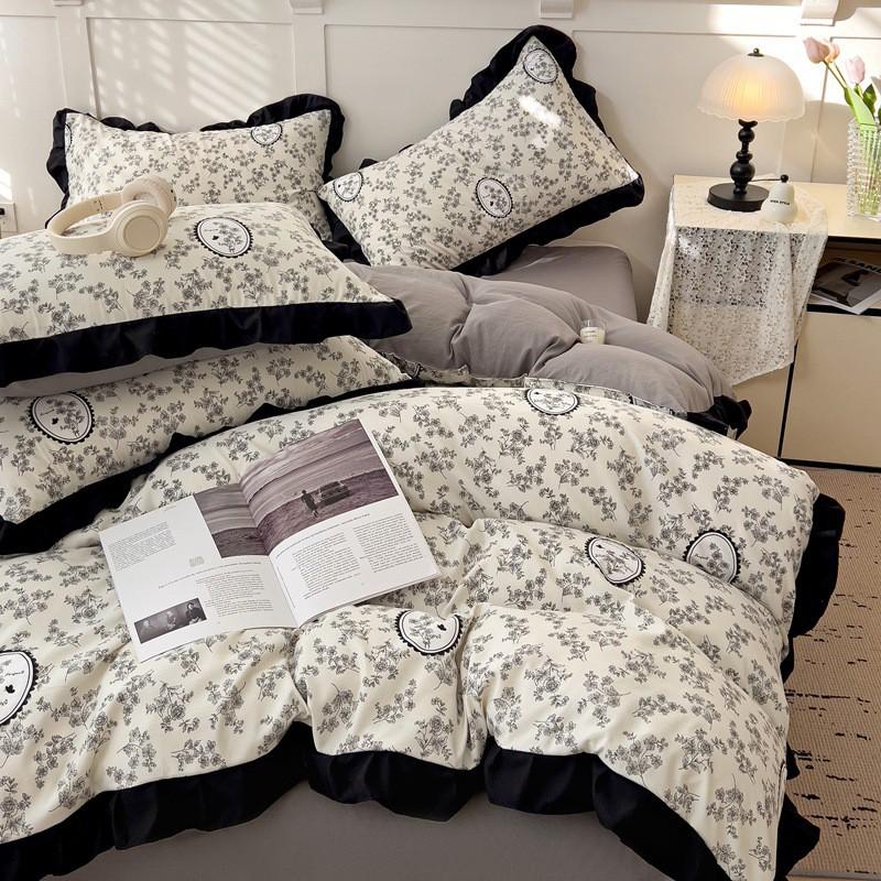 Washed Cotton Ruffle Bedding Set French Hepburn Style Floral Sets
