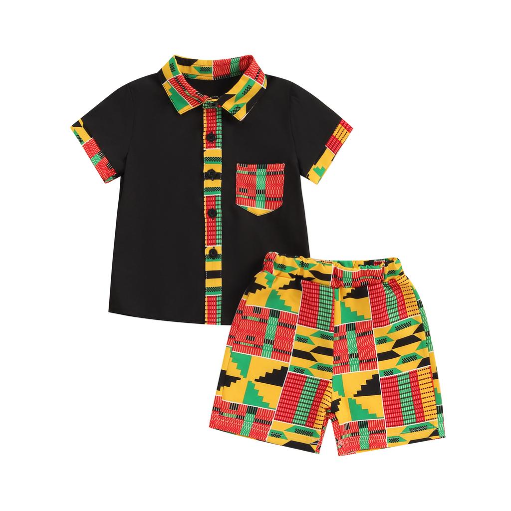 Boys Summer 2PCS Shorts Sets Short Sleeve Geometric Pattern Print Button Up Tops Shorts Sets