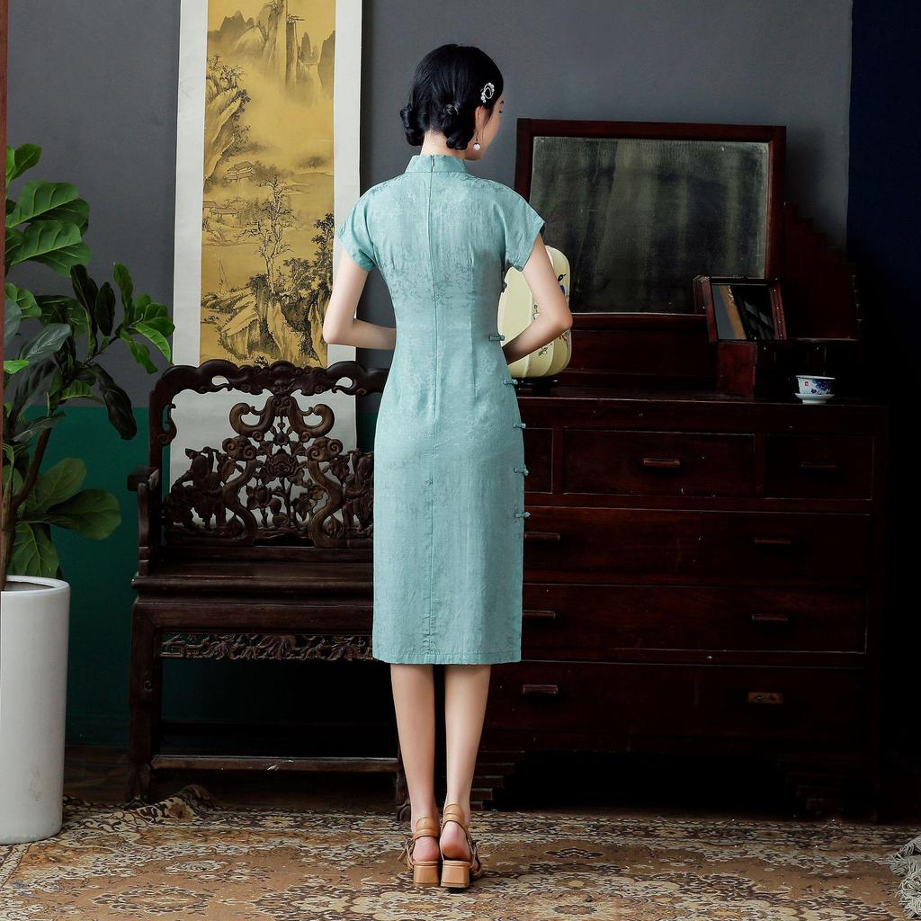 2022 Blue Waist-Slimming Retro Chinese Raglan Sleeve Tencel Cotton Cheongsam