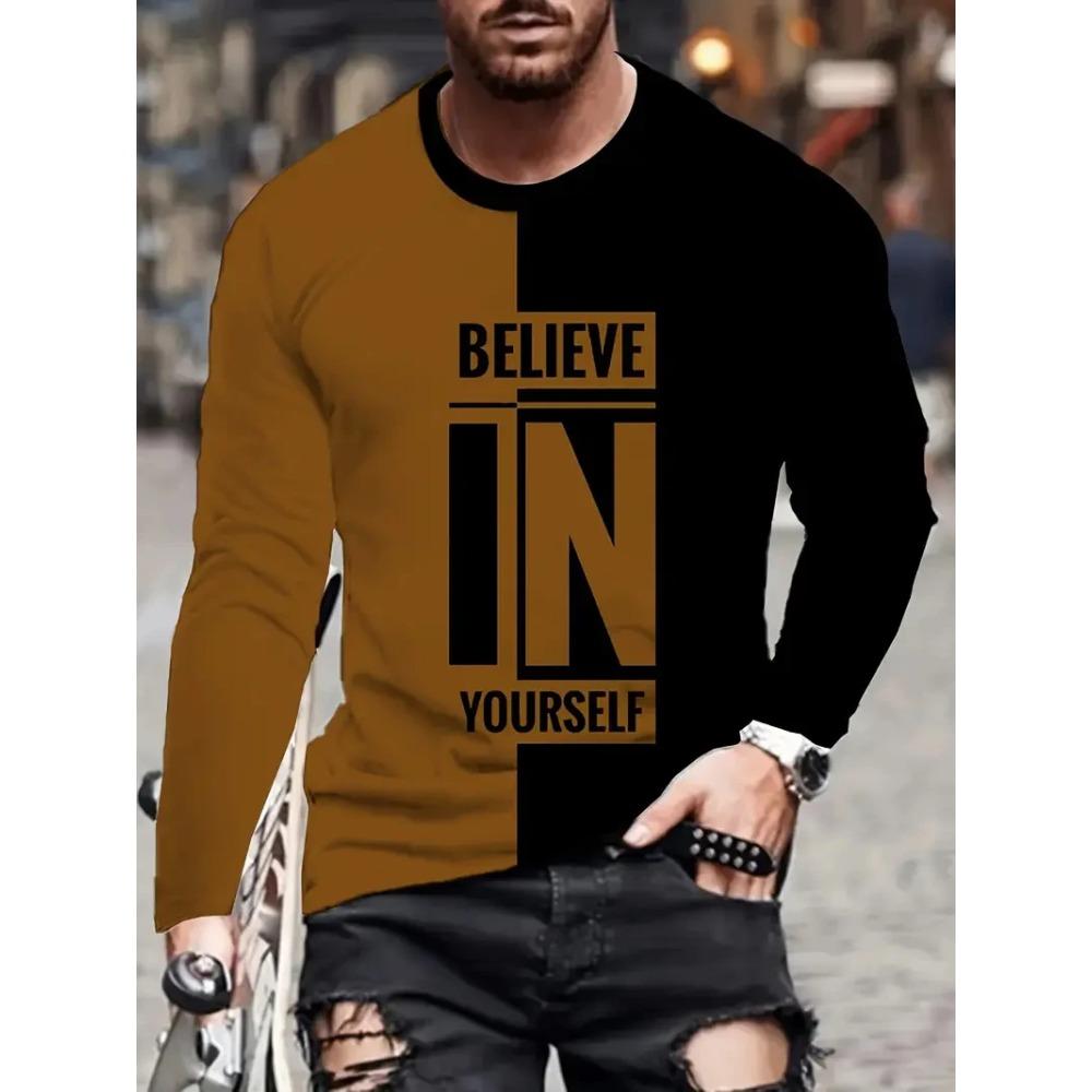 New 3D Letter Printed Casual and Fashionable Men's Round Neck Long Sleeved T-shirt