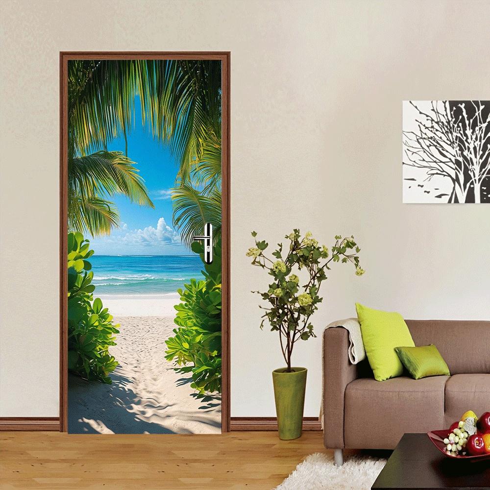 2pcs Tropical Beach Scenery Door Stickers 3D Wall Stickers Living Room Bedroom Entrance Decoration Stickers Self Adhesive Remova
