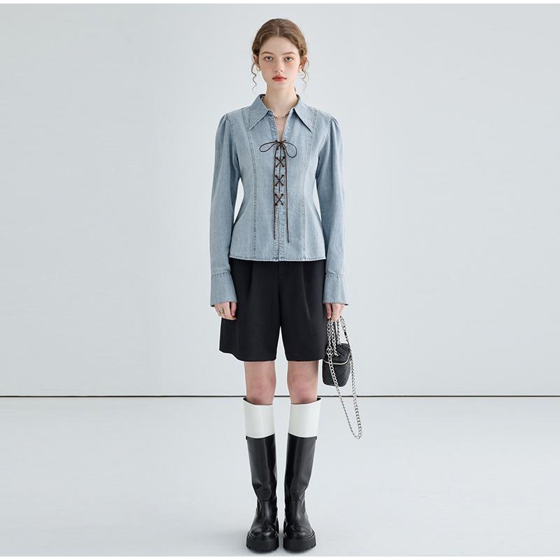 Elegant Women's Denim Lace Up Shirt Light Blue Turn Down Collar Puff Sleeves Waist Tight 2025 Spring Preppy Style Female Tops