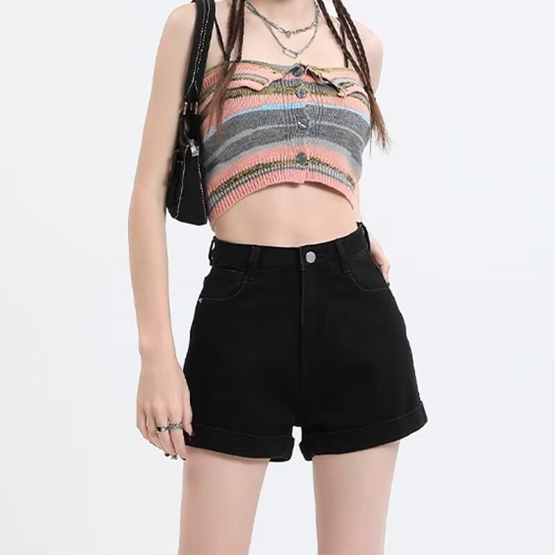 

Женские черные джинсовые шорты с высокой талией 2024 года: Эластичный, облегающий, стиль для горячих девушек, модный летний прямой подол. Medium