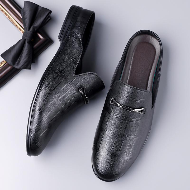 Summer New Designer Half Slippers for Men Fashion Casual Pointed-toe Dress Shoes Male Solid Color Leather Shoe Mules Man