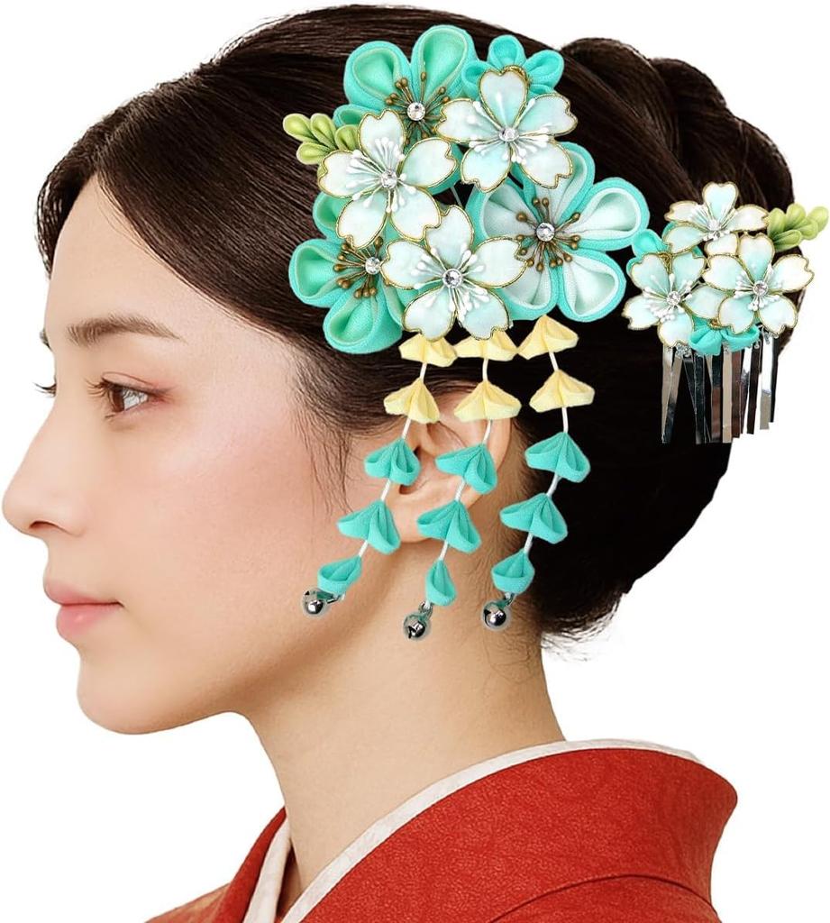 Haarschmuck-Set für Furisode und Zeremonien Kanzashi blau mit silber Zweiteilig (langärmeliger Kimono) Erwachsenwerden (wk-346(297)) (Haarnadel),