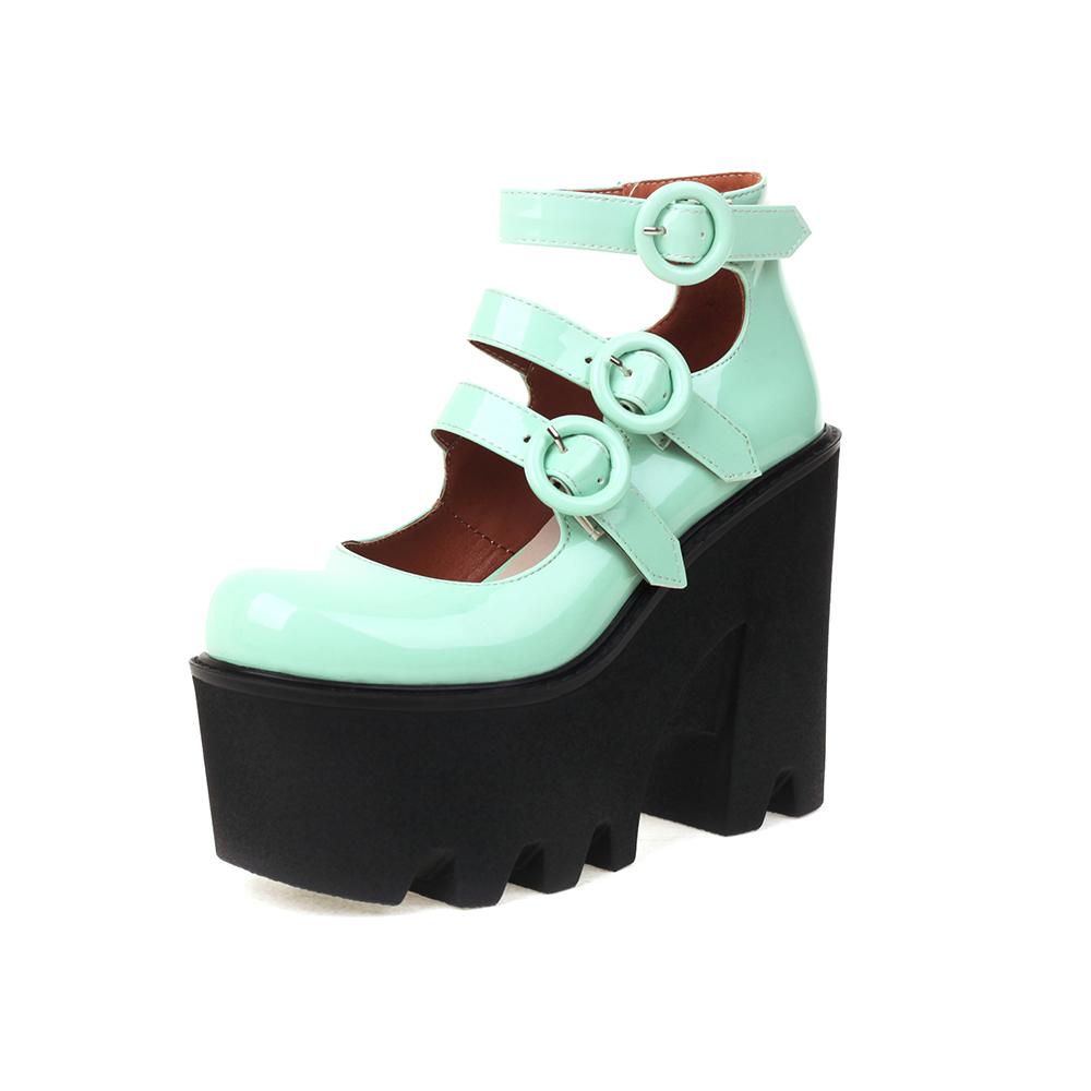 Three Rows Of Round Buckle Super High Wedges Sexy Women's Pumps Bright Patent Leather Super High Platform Women's High Heels