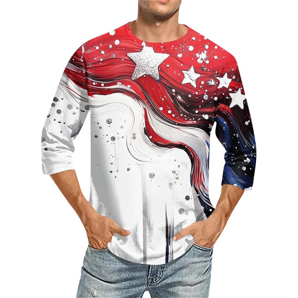 Pánské módní ležérní tričko s potiskem ke Dni nezávislosti, s kulatým výstřihem a rukávy dlouhými do tří čtvrtin