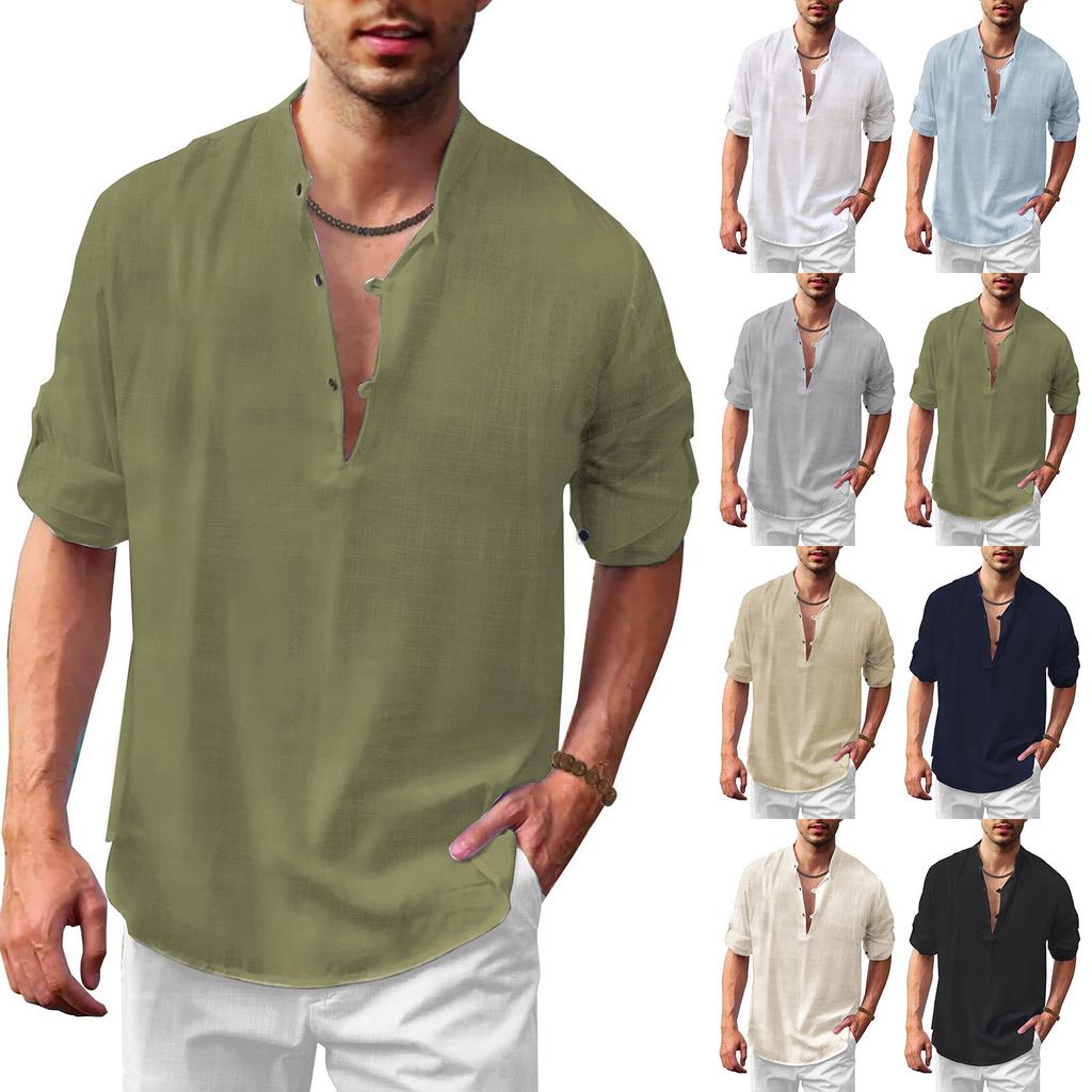 Designer Spring Summer Men's Casual Cotton Linen Solid Color Long Sleeve Shirts Loose Stand Collar Shirts