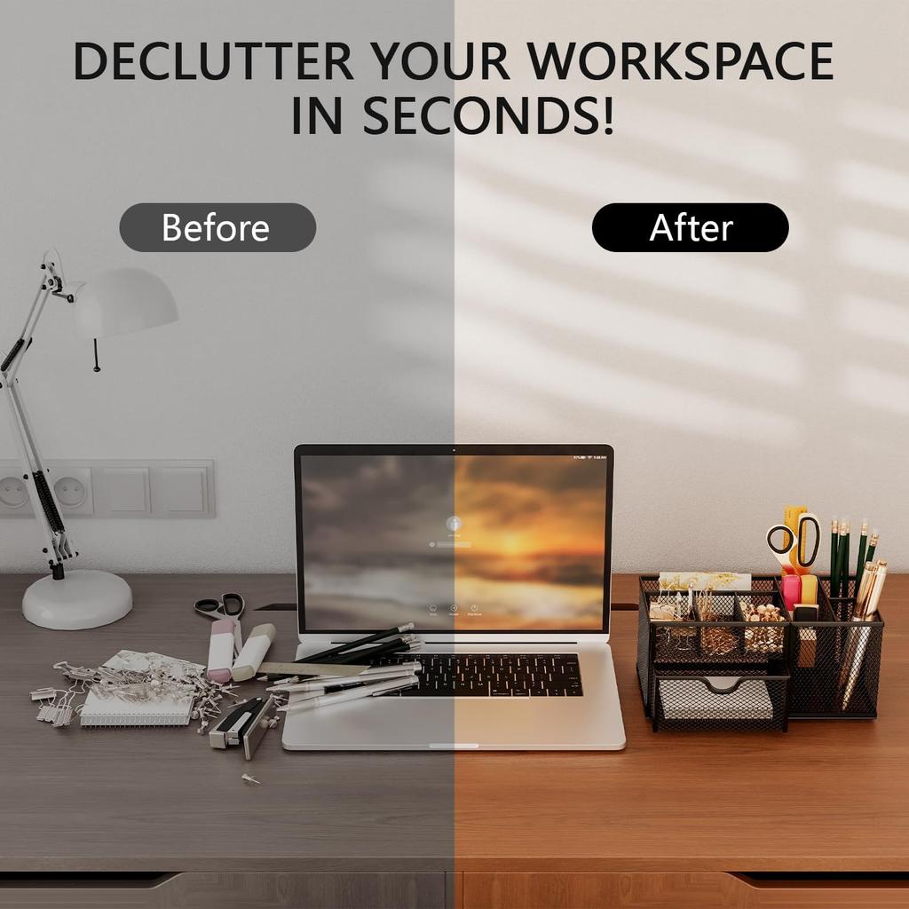 Mesh Pen Holder for Desk 8 Compartment Desk Organizer for Pens Pencils Sticky Notes Clips Office Accessories